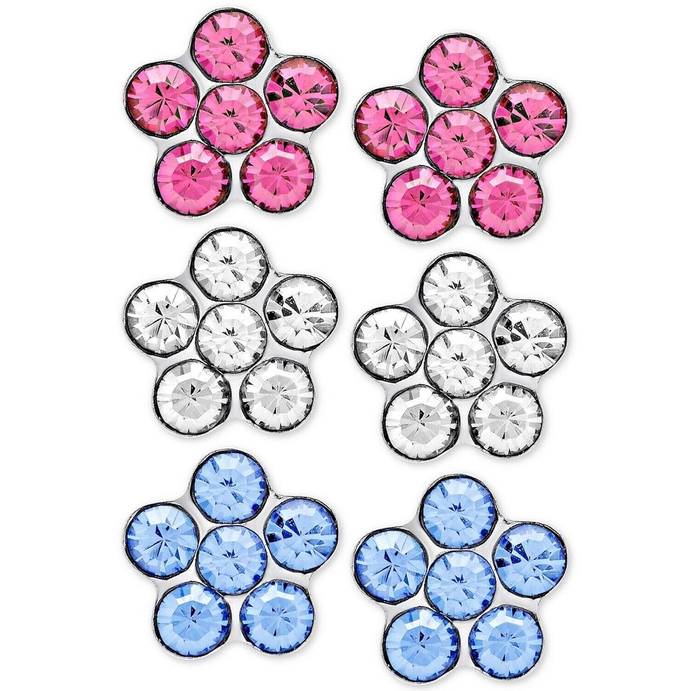 Sterling Silver 925 CZ Kids Girls Childrens Flower Earrings Set of (3)